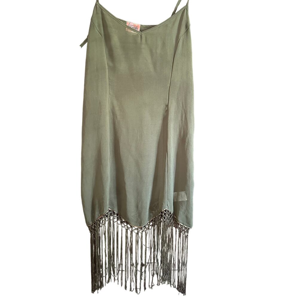FREE PEOPLE | Intimately Sheer Olive Green Slip Dress with Fringe Trim | Small